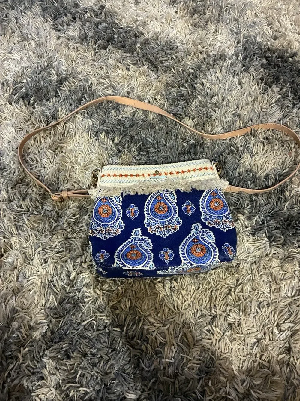 Spartina 449 Bag Purse Daufuskie Island Linen Leather Blue Orange Paisley Fringe